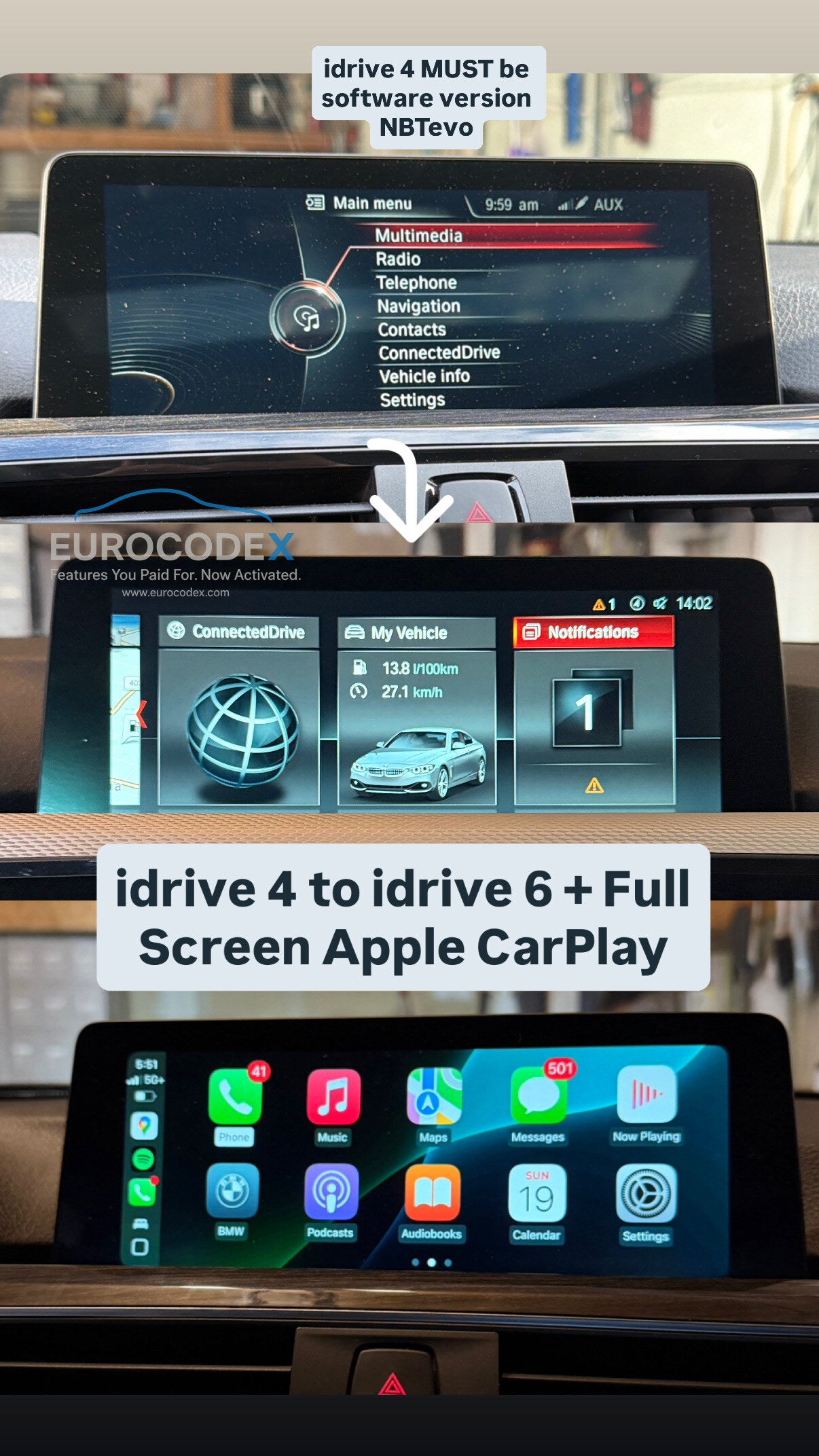 BMW iDrive 4 → iDrive 6 Upgrade + Apple CarPlay Fullscreen + Navigation Update (Bundle)